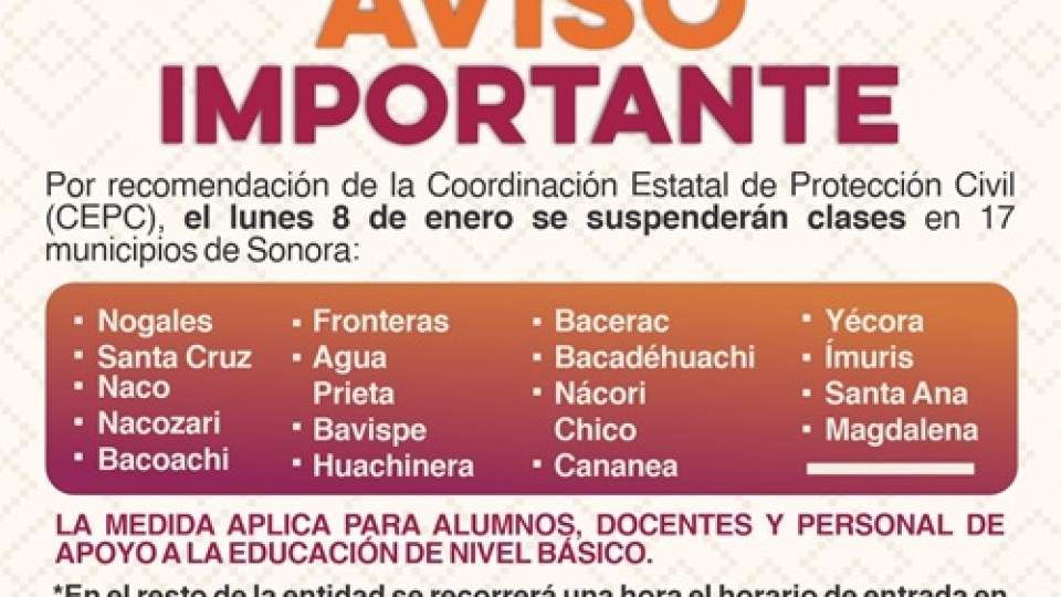 Anuncia SEC Sonora suspensión de clases por bajas temperaturas en 17 municipios de la entidad