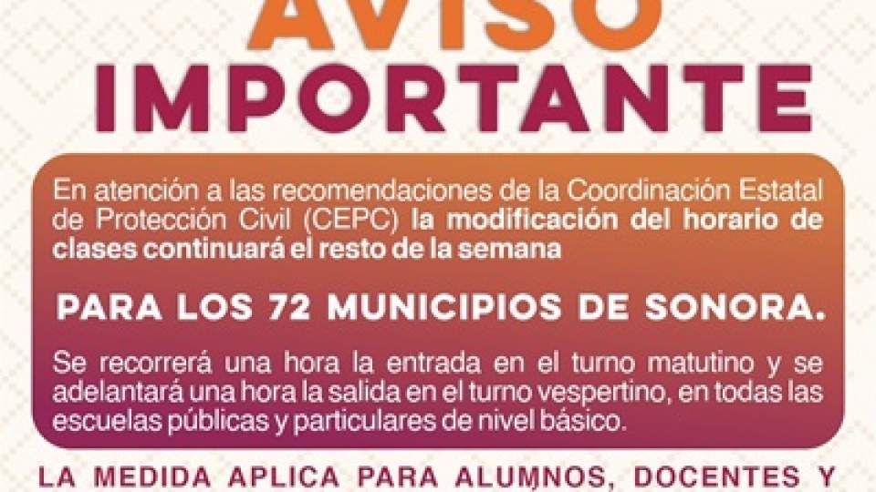 Modificación del horario de clases continuará el resto de la semana: SEC Sonora