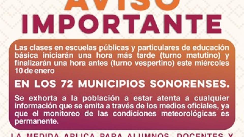 Clases en toda la entidad para este miércoles 10 de enero: SEC Sonora