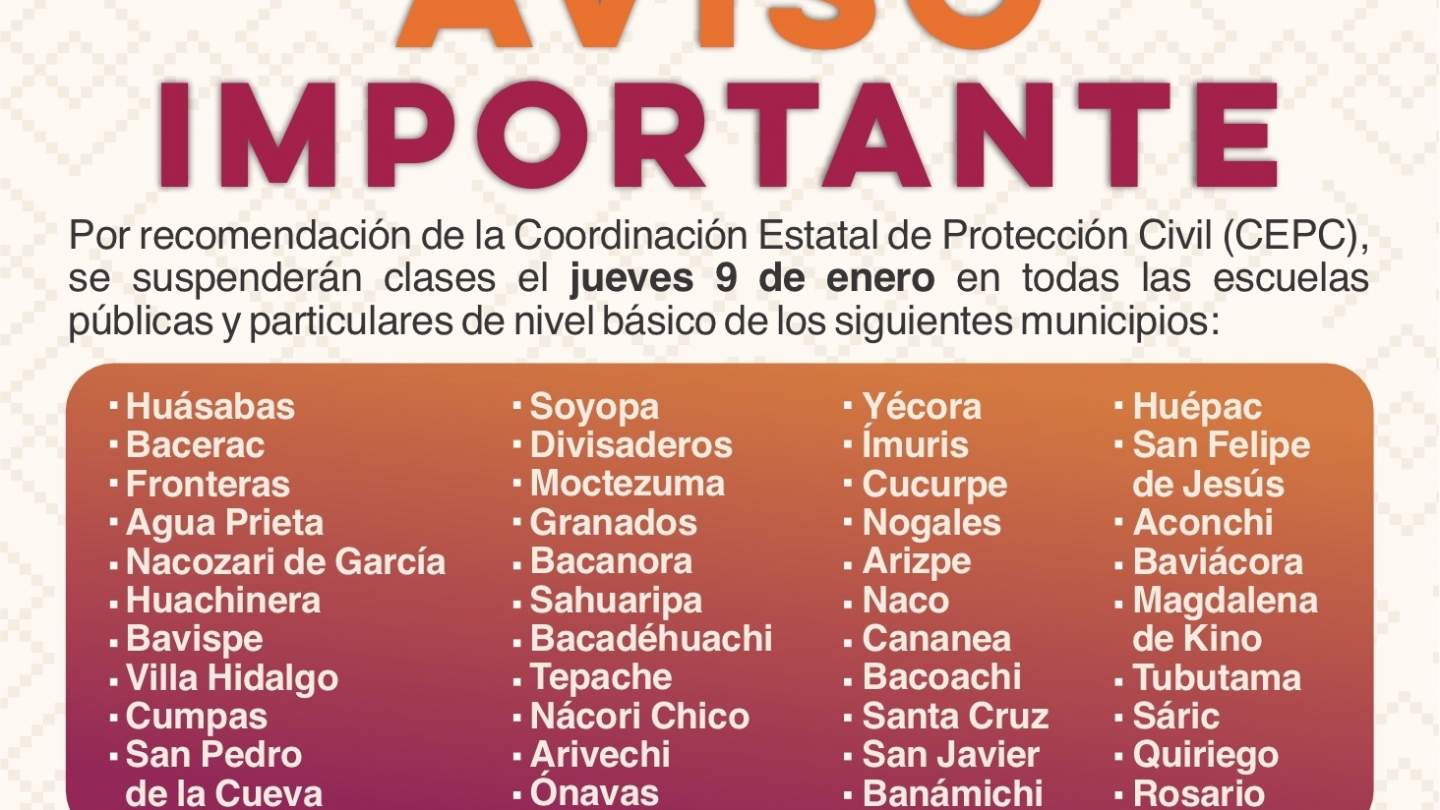 Anuncia SEC Sonora suspensión de clases por bajas temperaturas en 41 municipios de la entidad