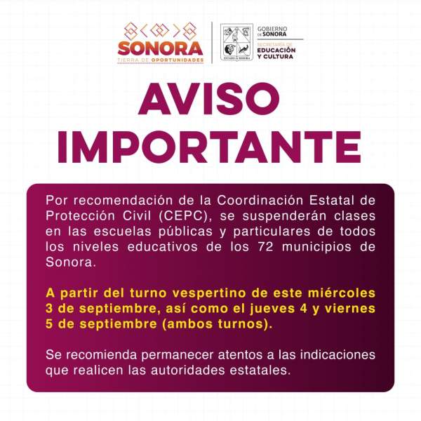 Emite Gobierno de Sonora medidas preventivas para el sector educativo ante pronóstico de lluvias: SEC